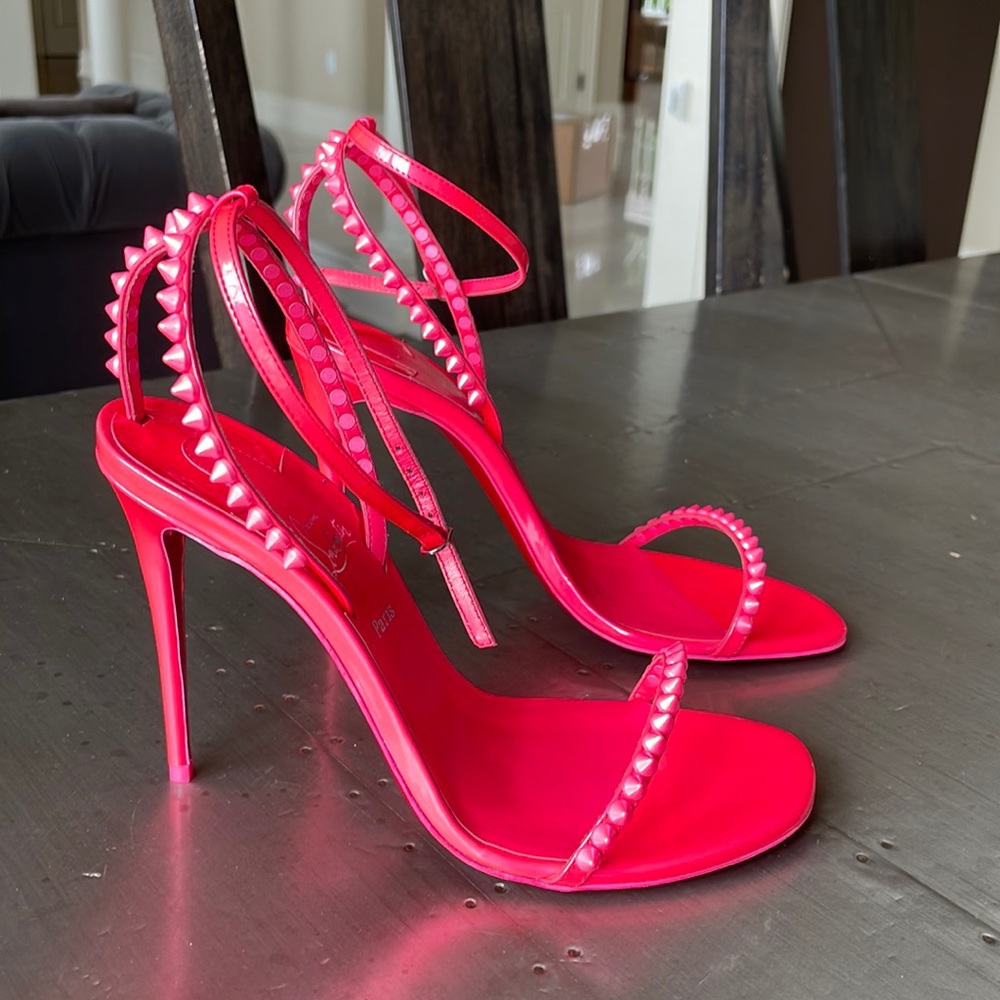 Christian Louboutin so me 100mm pink neon stiletto spike patent sandal sz 38.5